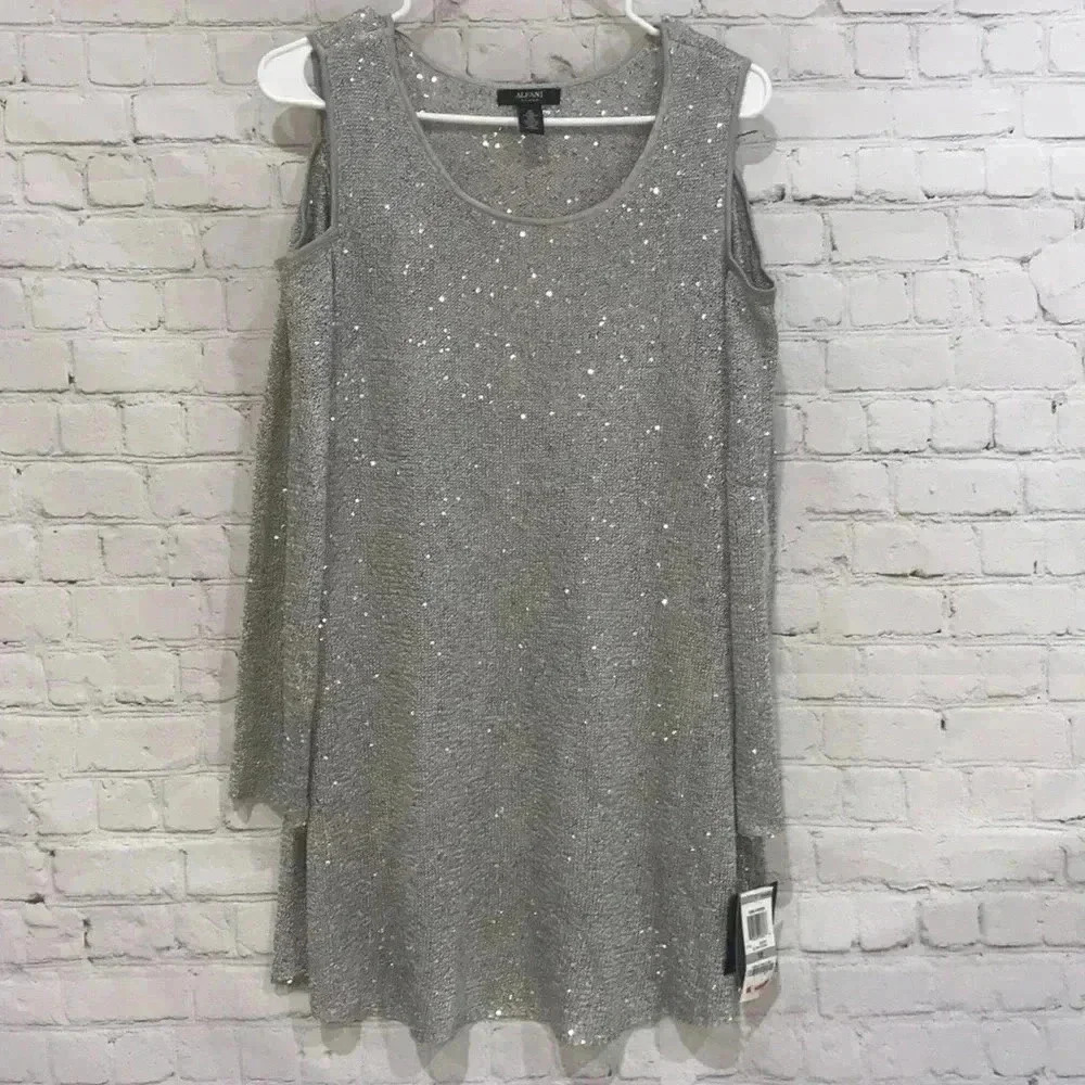 Alfani Cut Out Cold Shoulder Sequin Silver Stretch Sweater Cami Set